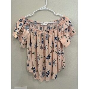ASTR The Label Womens Floral Off Shoulder Ruffle Sleeve Blouse Pink Size L #91